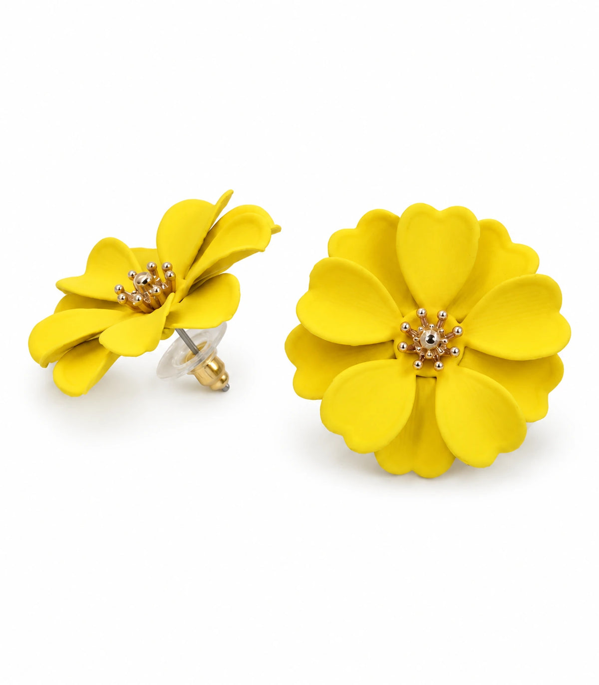 JIMIKI Yellow Layered Daisy Stud Earrings - pair on white background #color_yellow