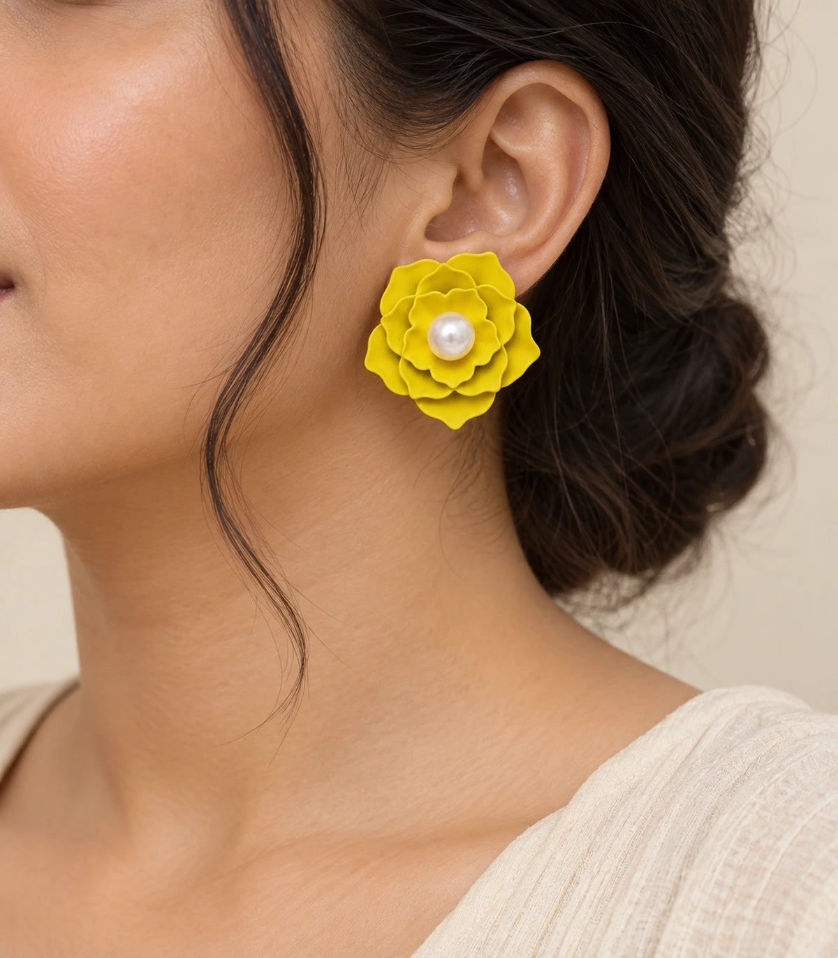 JIMIKI Layered Flower Pearl Stud Earrings, Yellow — worn on the ear #color_yellow