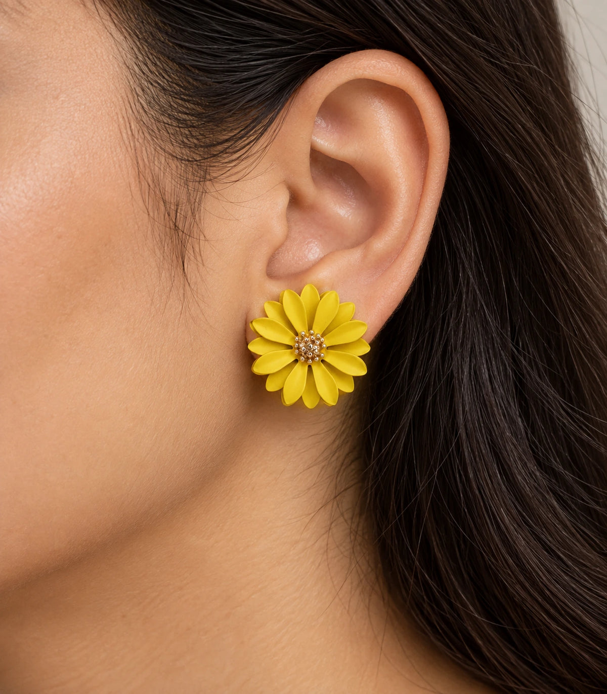 JIMIKI Yellow layered starburst daisy stud earrings, layered daisy stud worn at the ear #color_yellow