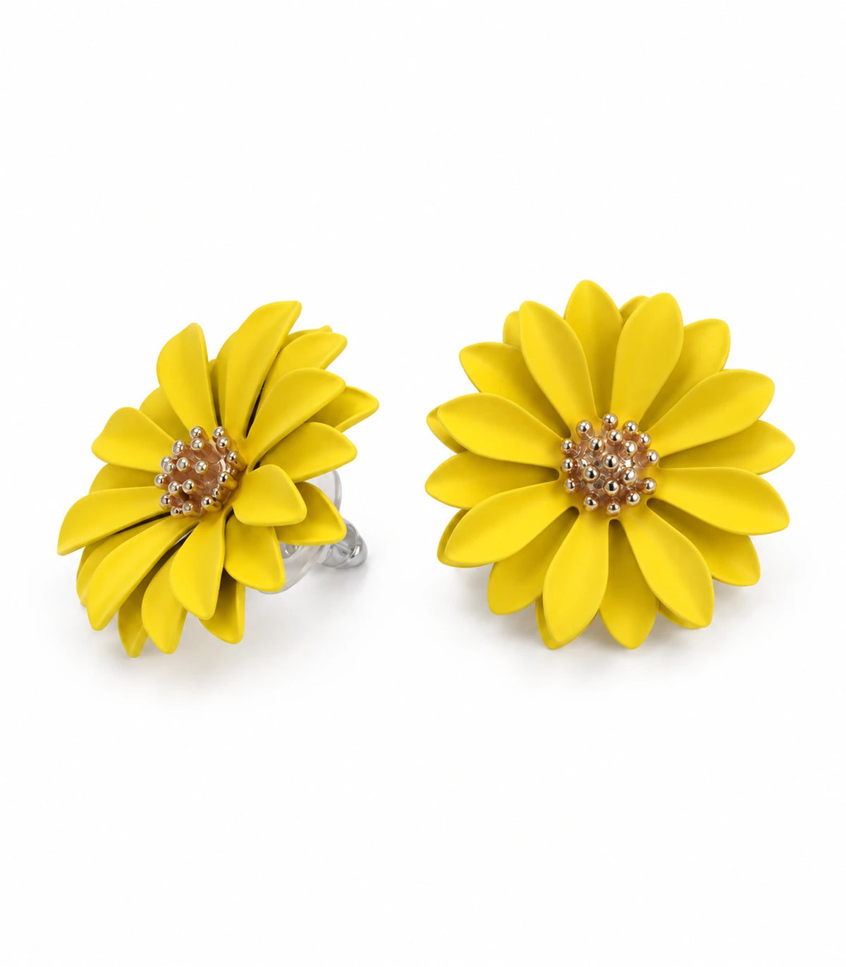 JIMIKI Yellow layered starburst daisy stud earrings, matching pair on white background #color_yellow
