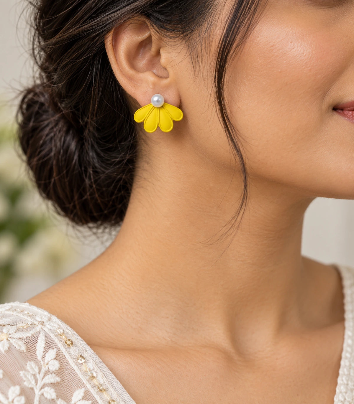 JIMIKI Yellow pearl fan petal stud earrings, styled worn editorial view #color_yellow