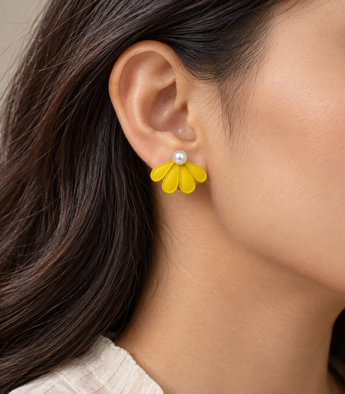 JIMIKI Yellow pearl fan petal stud earrings, naturally worn on the ear #color_yellow