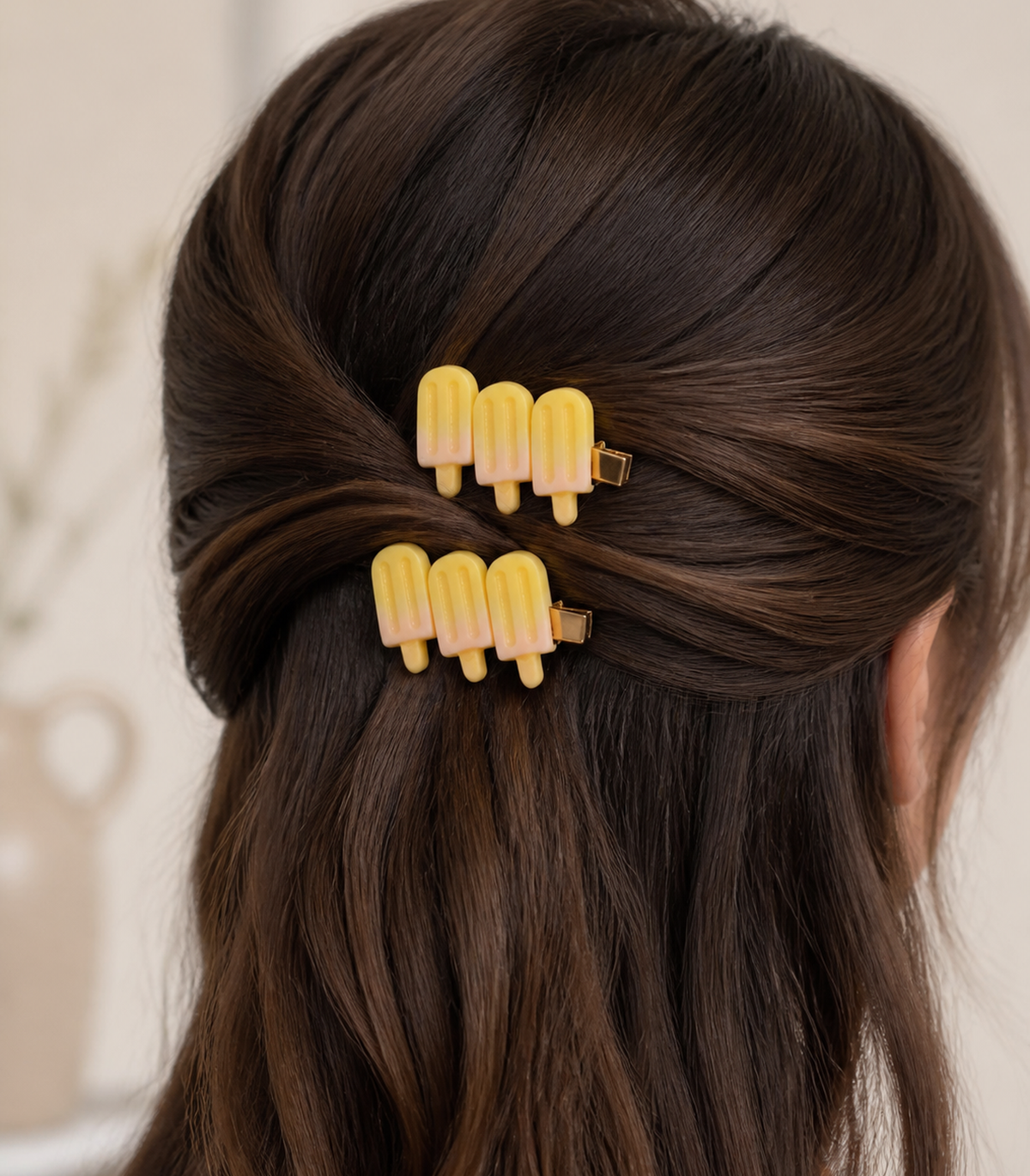 Yellow Popsicle Trio Clip Pair worn in hair