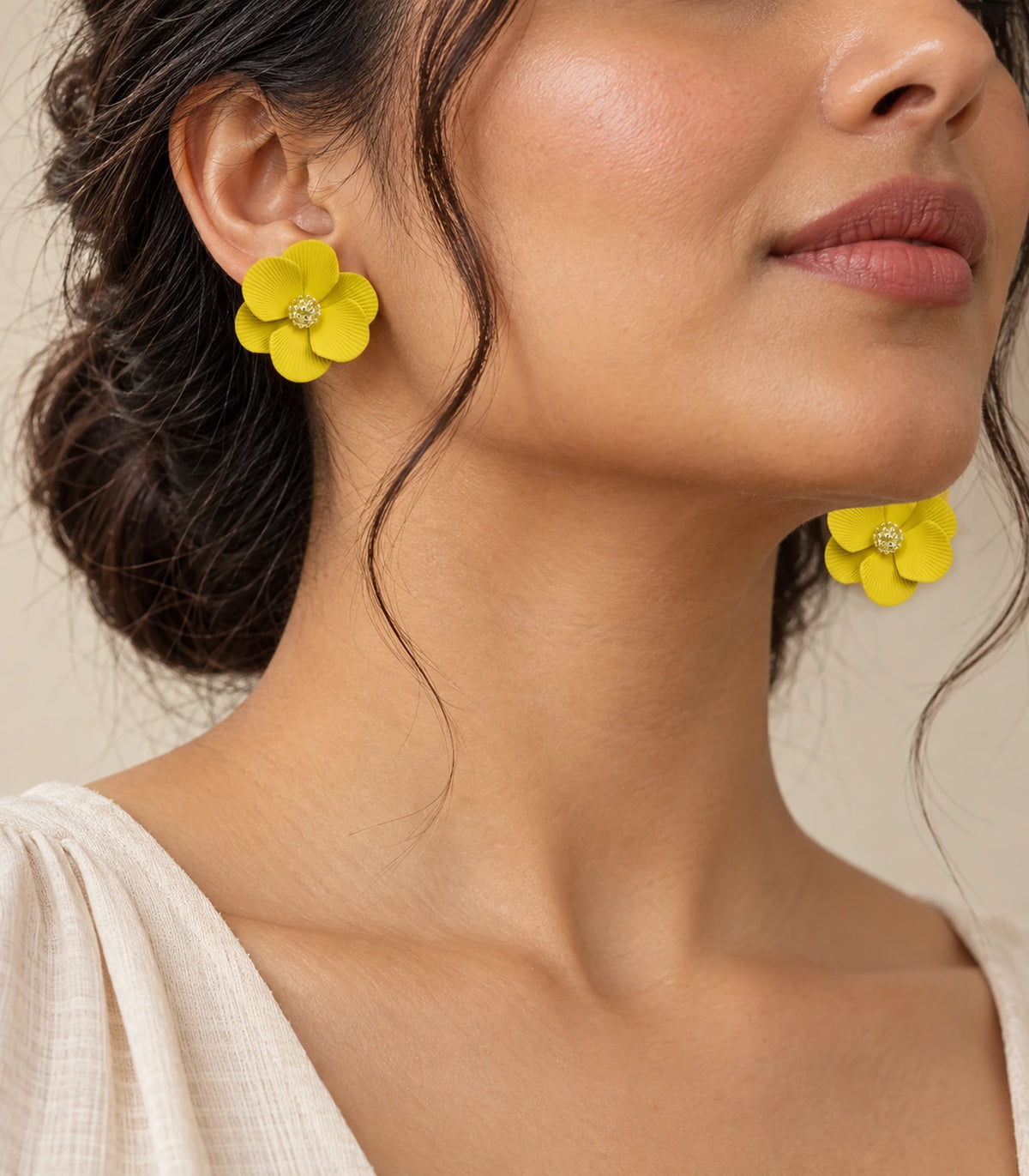 JIMIKI Yellow ribbed flower stud earrings, styled worn editorial view #color_yellow