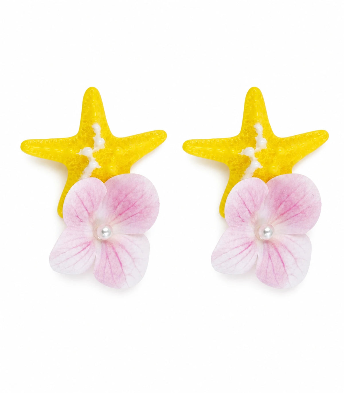 Yellow Starfish Pink Flower Clip Pair on a clean white background