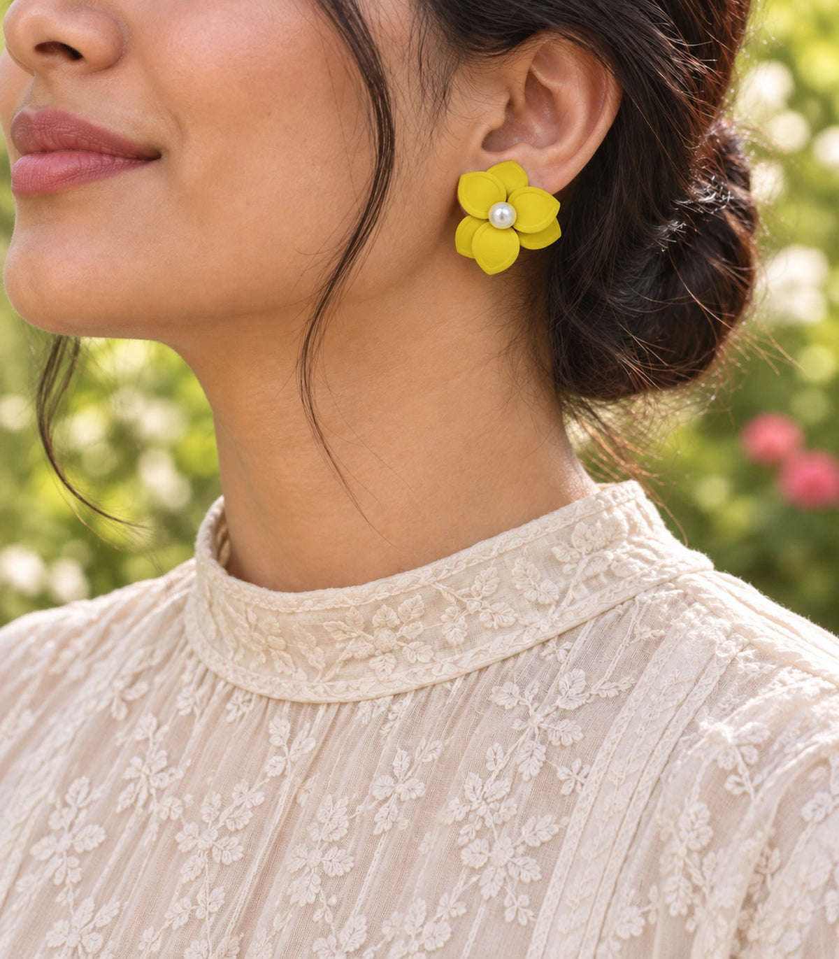 JIMIKI Yellow Triple Petal Pearl Flower Stud Earrings - earring worn in editorial styling #color_yellow