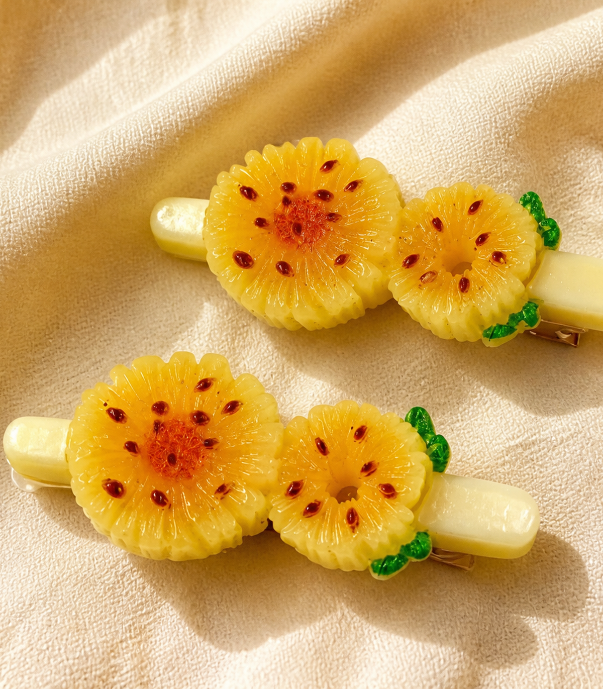 Yellow Tropical Flower Duo Clip Pair in close-up detail