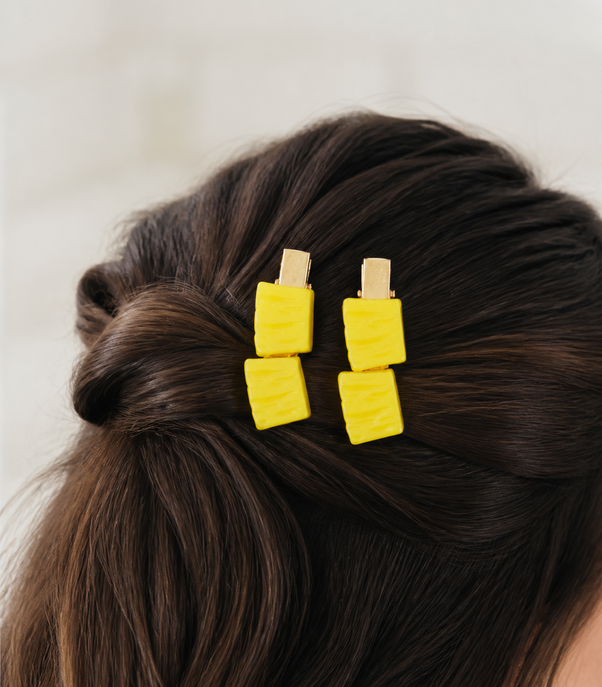 Yellow Wavy Duo Clip Pair worn in hair